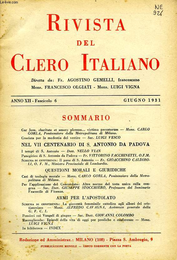 RIVISTA DEL CLERO ITALIANO, ANNO XII, FASC. 6, GIUGNO 1931
