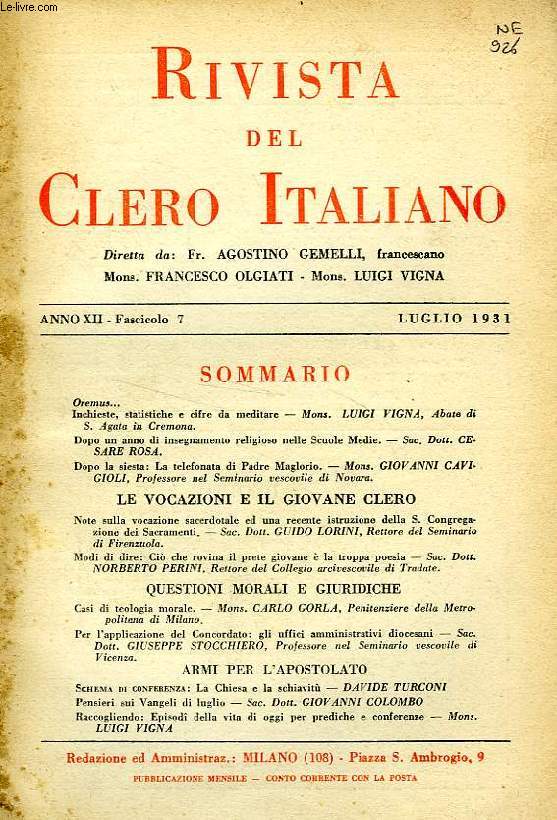 RIVISTA DEL CLERO ITALIANO, ANNO XII, FASC. 7, LUGLIO 1931