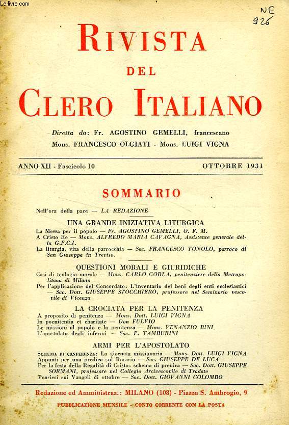 RIVISTA DEL CLERO ITALIANO, ANNO XII, FASC. 10, OTT. 1931