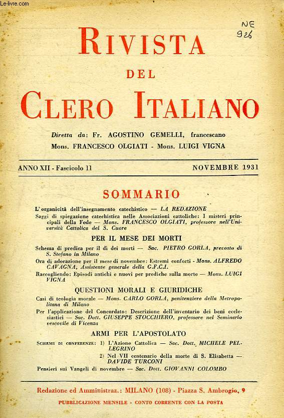 RIVISTA DEL CLERO ITALIANO, ANNO XII, FASC. 11, NOV. 1931