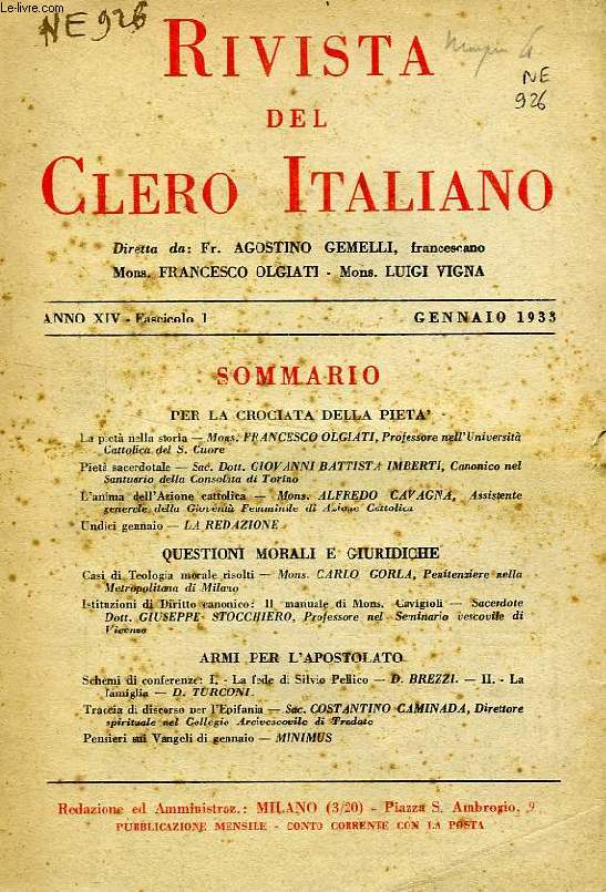 RIVISTA DEL CLERO ITALIANO, ANNO XIV, FASC. 1, GENNAIO 1933