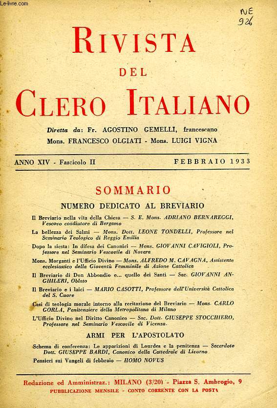 RIVISTA DEL CLERO ITALIANO, ANNO XIV, FASC. 2, FEBB. 1933
