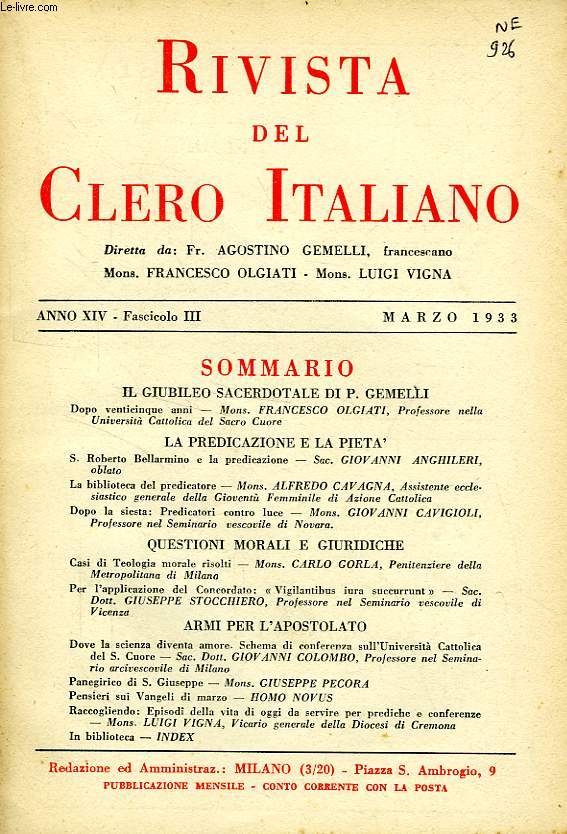 RIVISTA DEL CLERO ITALIANO, ANNO XIV, FASC. 3, MARZO 1933