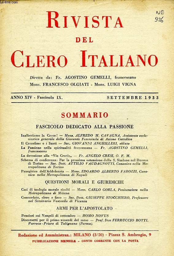 RIVISTA DEL CLERO ITALIANO, ANNO XIV, FASC. 9, SETT. 1933