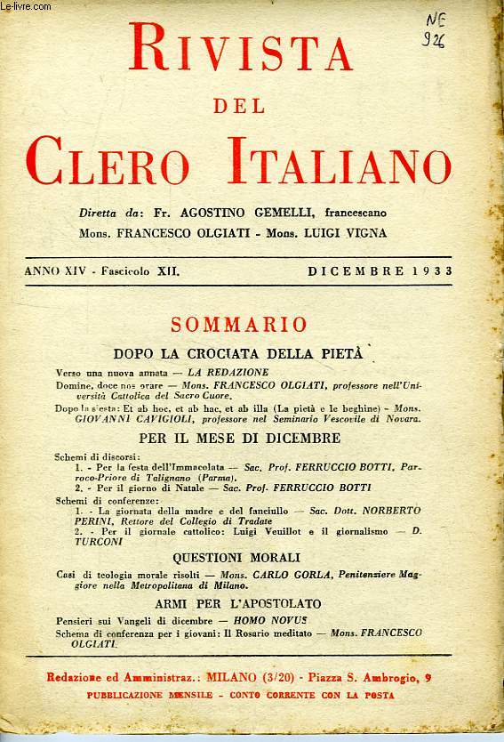 RIVISTA DEL CLERO ITALIANO, ANNO XIV, FASC. 12, DIC. 1933