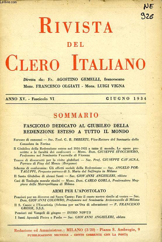 RIVISTA DEL CLERO ITALIANO, ANNO XV, FASC. 6, GIUGNO 1934