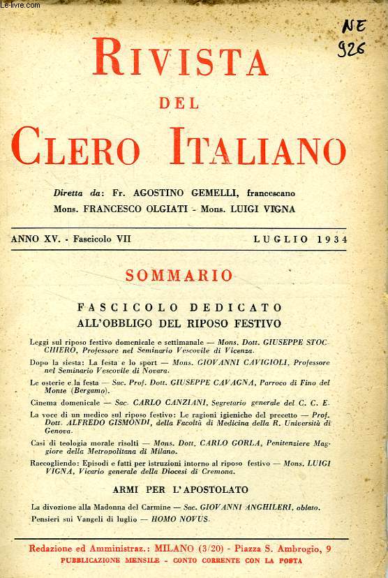 RIVISTA DEL CLERO ITALIANO, ANNO XV, FASC. 7, LUGLIO 1934