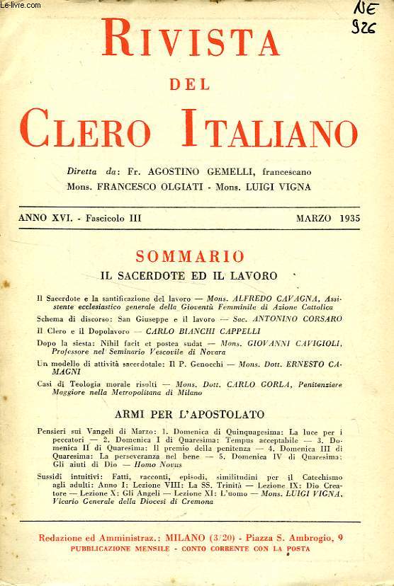 RIVISTA DEL CLERO ITALIANO, ANNO XVI, FASC. 3, MARZO 1935