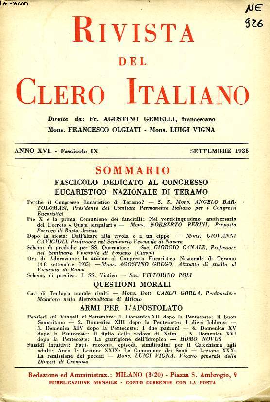 RIVISTA DEL CLERO ITALIANO, ANNO XVI, FASC. 9, SETT. 1935