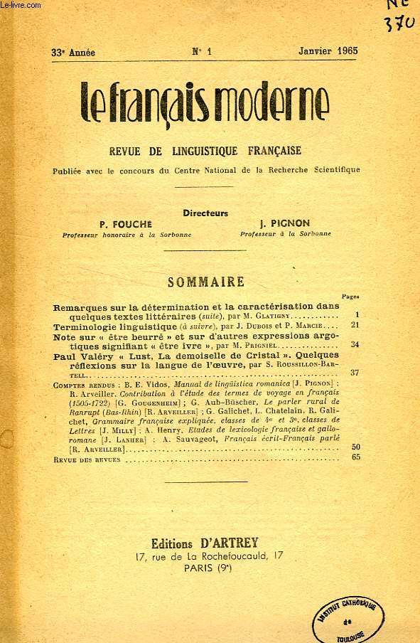 LE FRANCAIS MODERNE, 33e ANNEE, N 1, JAN. 1965, REVUE DE LINGUISTIQUE FRANCAISE