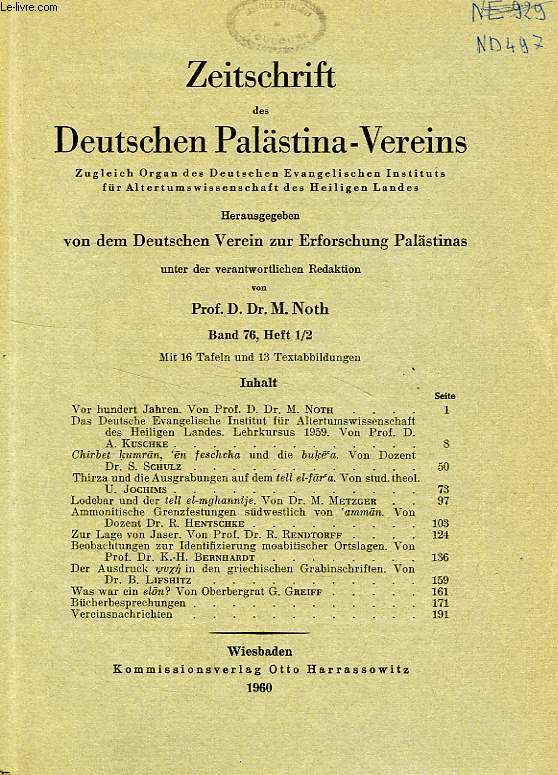 ZEITSCHRIFT DES DEUTSCHEN PALSTINA-VEREINS, BAND 76, HEFT 1-2, 1960