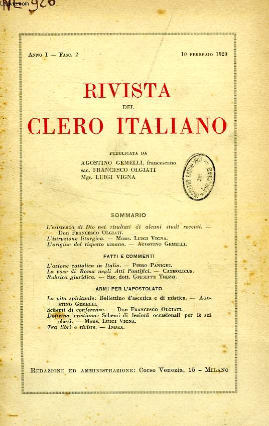 RIVISTA DEL CLERO ITALIANO, 1920-1939, 17 ANNEES (INCOMPLET)