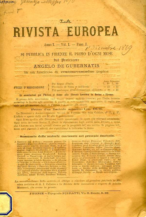 LA RIVISTA EUROPEA, 1869-1876, 11 VOLUMES & 42 NUMEROS (INCOMPLET)