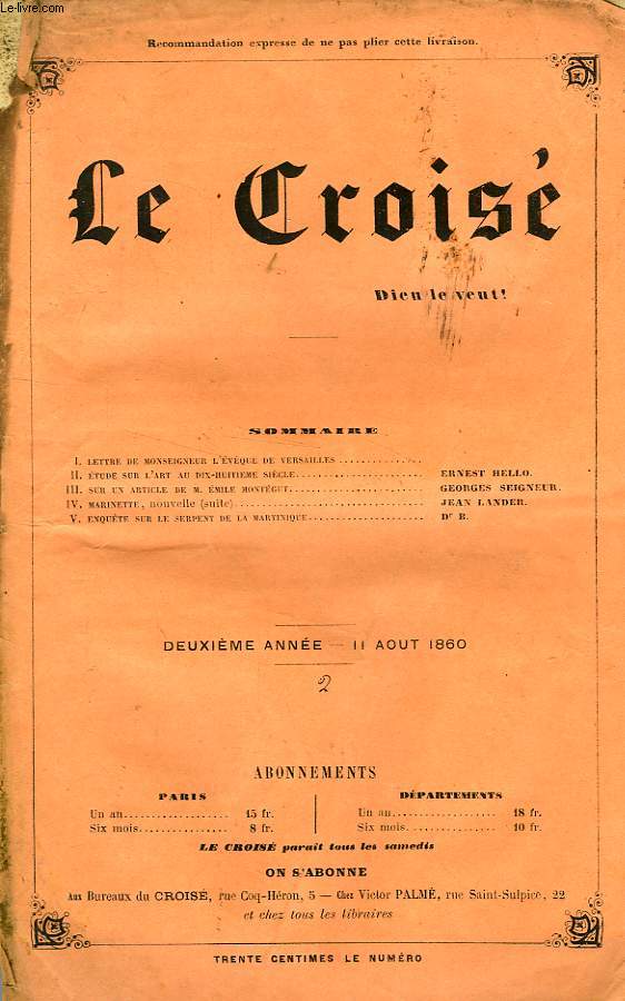 LE CROIS, DIEU LE VEUT !, 2e ANNEE, N 2, AOUT 1860