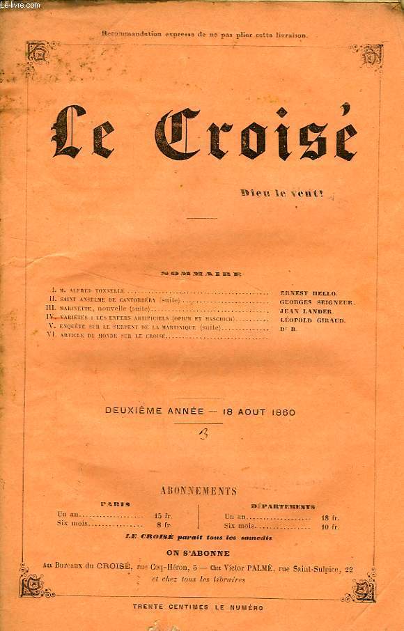 LE CROIS, DIEU LE VEUT !, 2e ANNEE, N 3, AOUT 1860