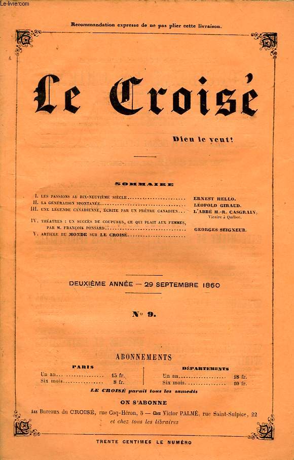 LE CROIS, DIEU LE VEUT !, 2e ANNEE, N 9, SEPT. 1860