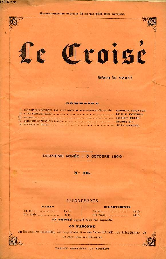 LE CROIS, DIEU LE VEUT !, 2e ANNEE, N 10, OCT. 1860