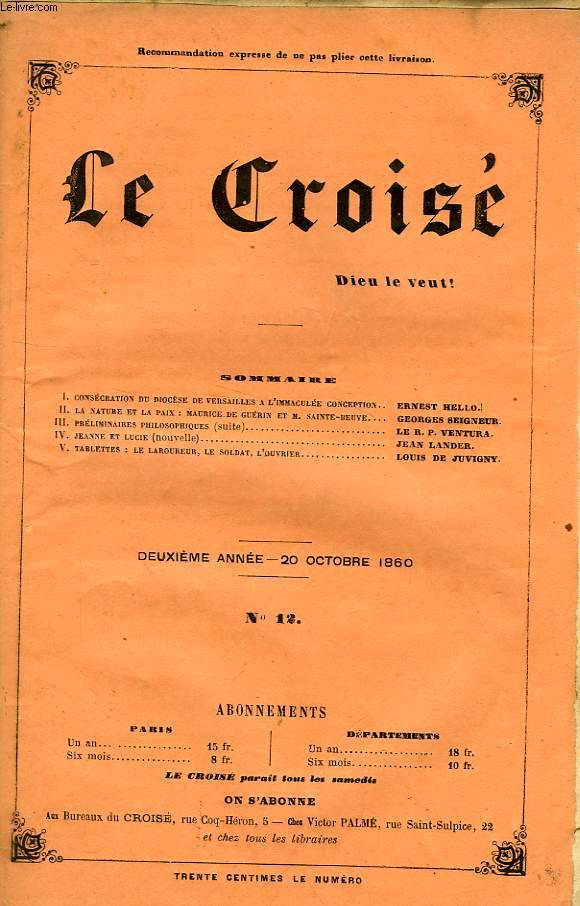 LE CROIS, DIEU LE VEUT !, 2e ANNEE, N 12, OCT. 1860