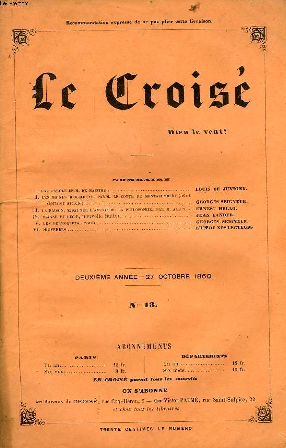 LE CROIS, DIEU LE VEUT !, 2e ANNEE, N 13, OCT. 1860