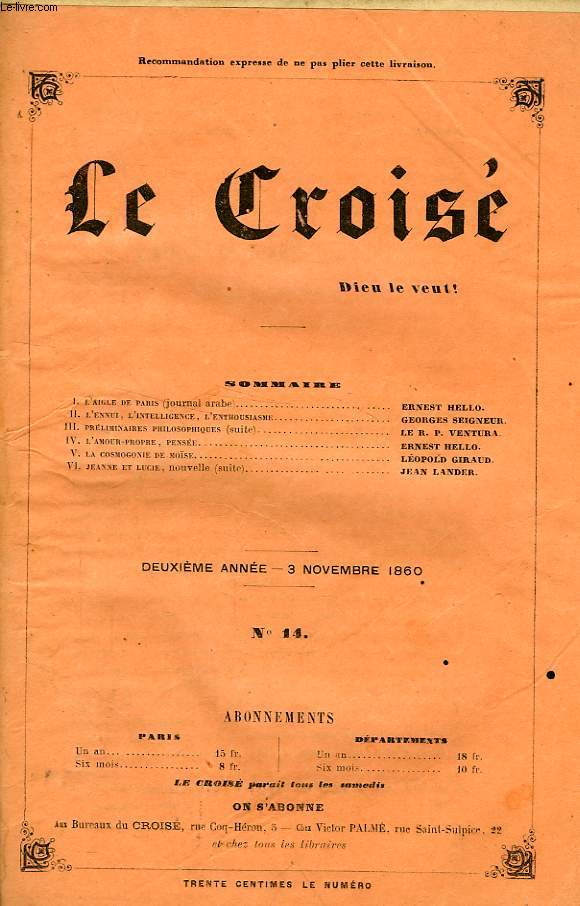 LE CROIS, DIEU LE VEUT !, 2e ANNEE, N 14, NOV. 1860