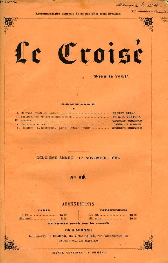 LE CROIS, DIEU LE VEUT !, 2e ANNEE, N 16, NOV. 1860
