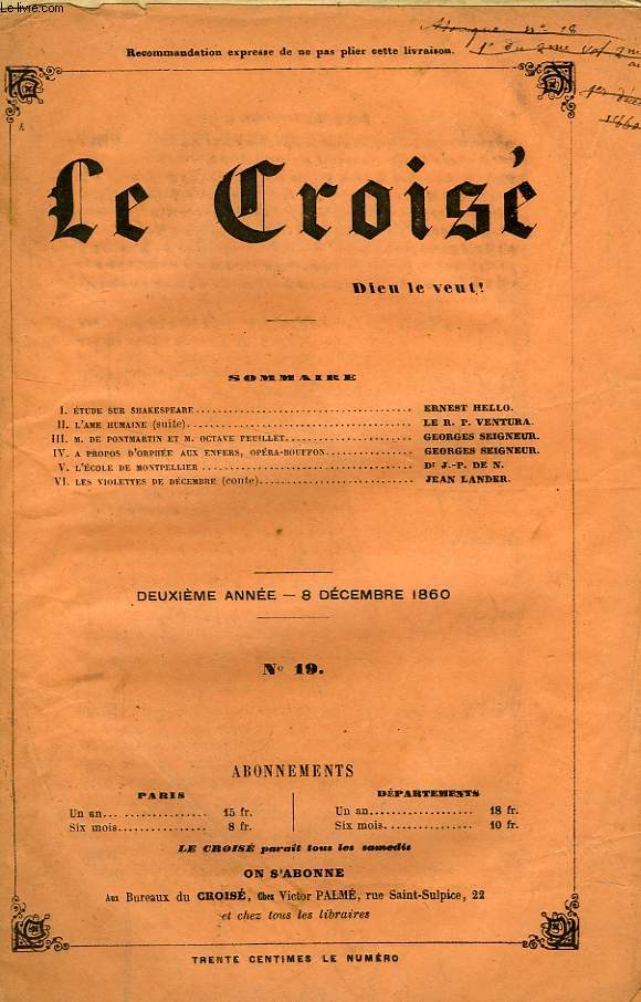 LE CROIS, DIEU LE VEUT !, 2e ANNEE, N 19, DEC. 1860