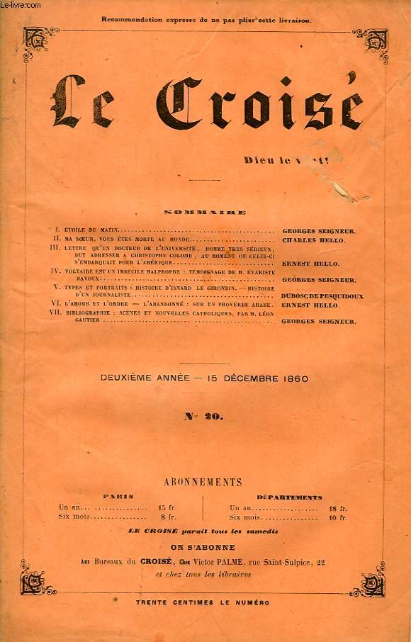 LE CROIS, DIEU LE VEUT !, 2e ANNEE, N 20, DEC. 1860