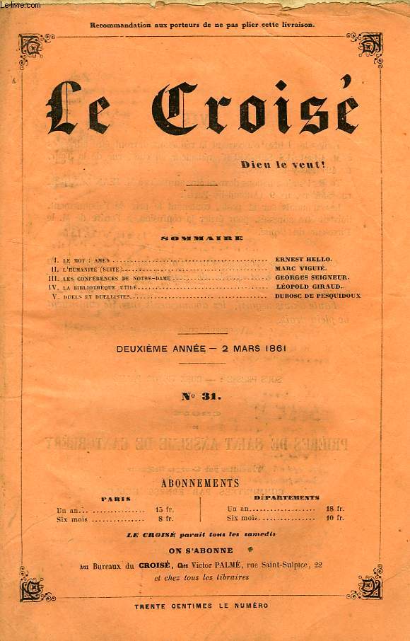 LE CROIS, DIEU LE VEUT !, 2e ANNEE, N 31, MARS 1861