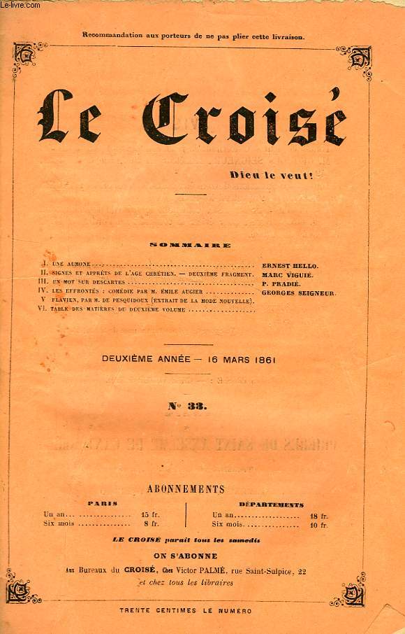 LE CROIS, DIEU LE VEUT !, 2e ANNEE, N 33, MARS 1861