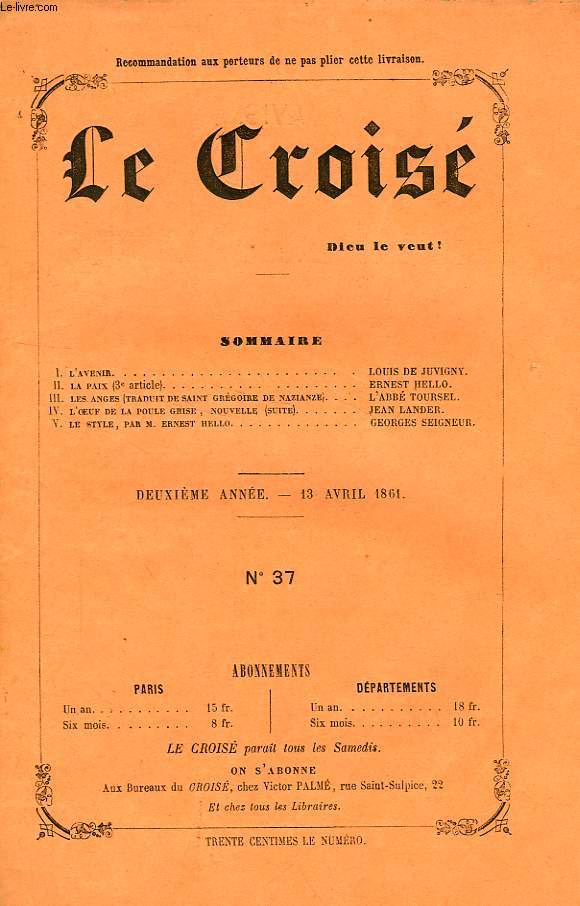LE CROIS, DIEU LE VEUT !, 2e ANNEE, N 37, AVRIL 1861