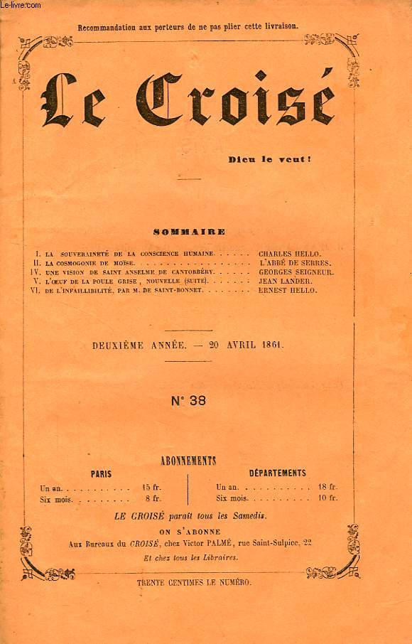 LE CROIS, DIEU LE VEUT !, 2e ANNEE, N 38, AVRIL 1861