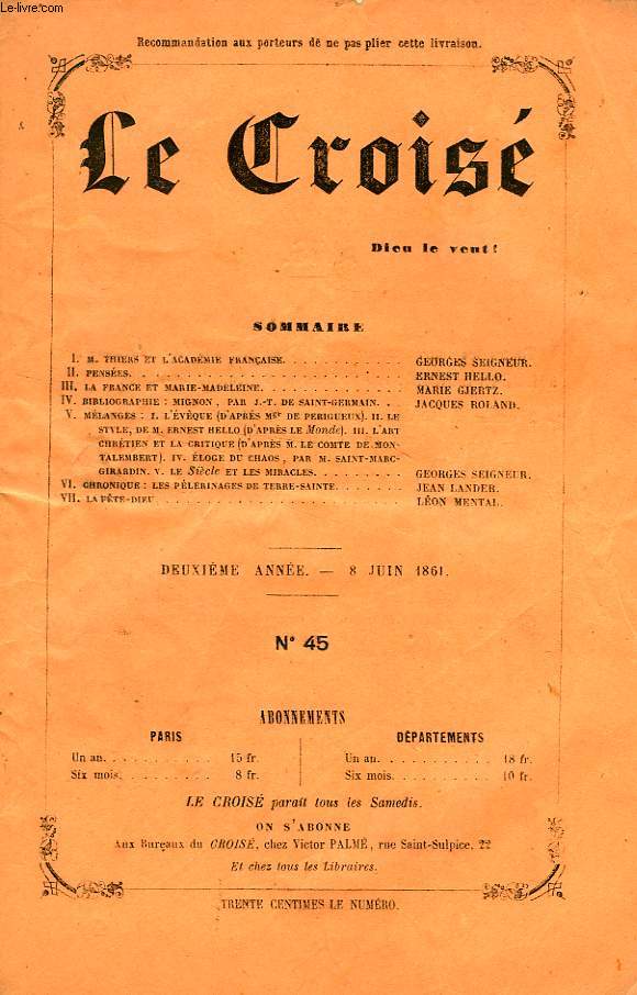 LE CROIS, DIEU LE VEUT !, 2e ANNEE, N 45, JUIN 1861