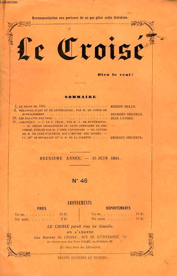 LE CROIS, DIEU LE VEUT !, 2e ANNEE, N 46, JUIN 1861