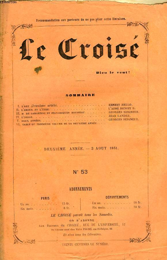 LE CROIS, DIEU LE VEUT !, 2e ANNEE, N 53, AOUT 1861