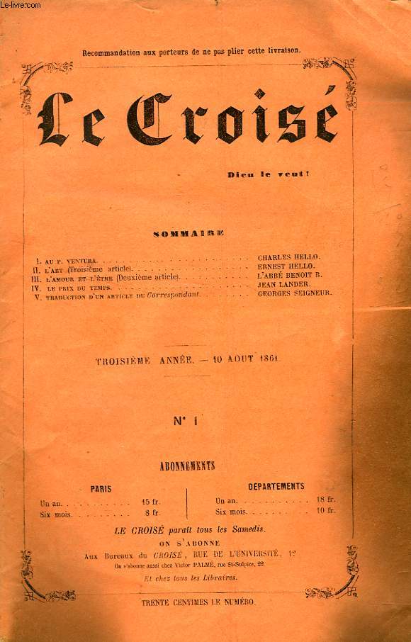 LE CROIS, DIEU LE VEUT !, 3e ANNEE, N 1, AOUT 1861