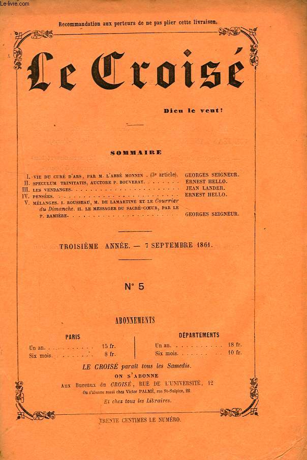 LE CROIS, DIEU LE VEUT !, 3e ANNEE, N 5, SEPT. 1861