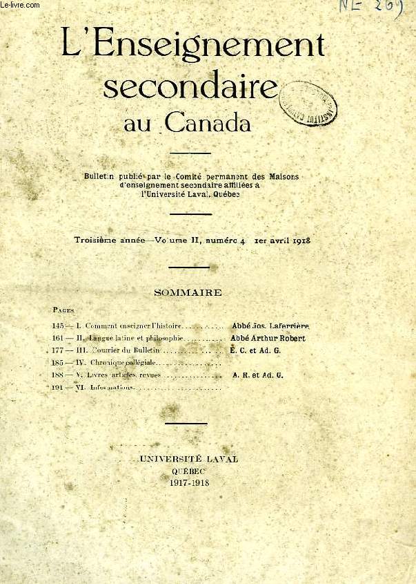 L'ENSEIGNEMENT SECONDAIRE AU CANADA, 3e ANNEE, VOL. II, N 4, AVRIL 1918