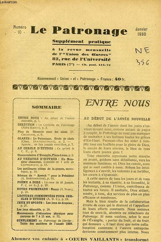 LE PATRONAGE, N 10, JAN. 1930, SUPPLEMENT PRATIQUE A LA REVUE MENSUELLE DE L' 'UNION DES OEUVRES'