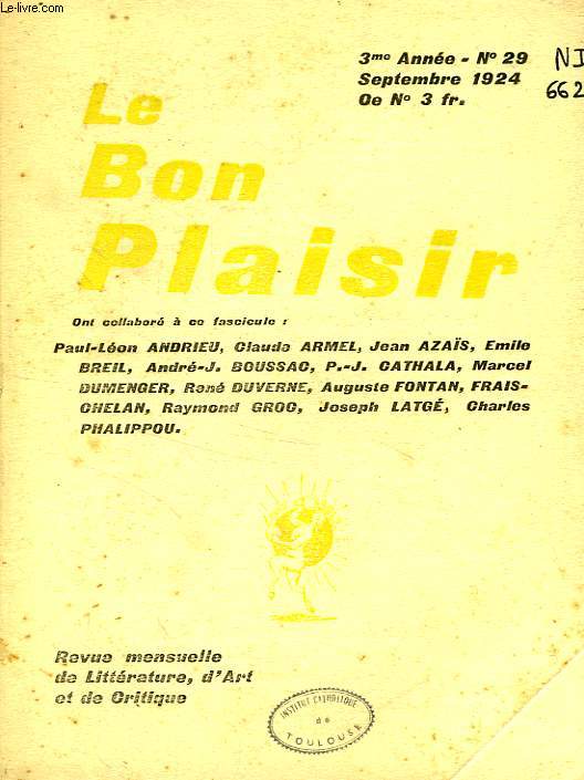 LE BON PLAISIR, 3e ANNEE, N 29, SEPT. 1924