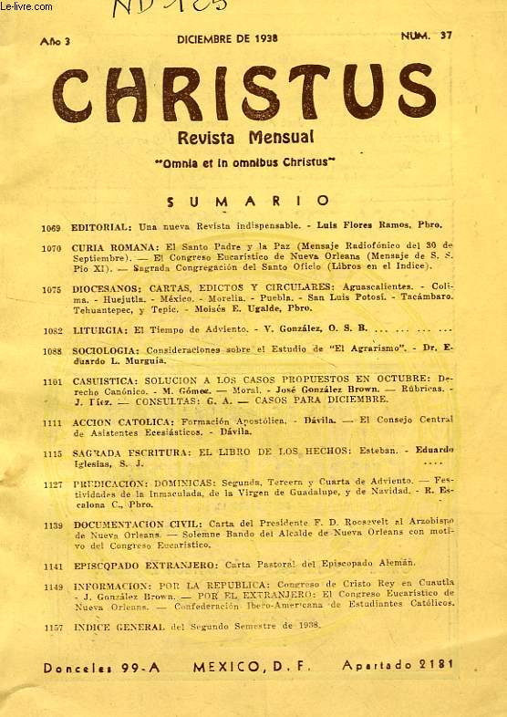 CHRISTUS, AO 3, N 37, DIC. 1938, REVISTA MENSUAL, 'OMNIA ET IN OMNIBUS CHRISTUS'