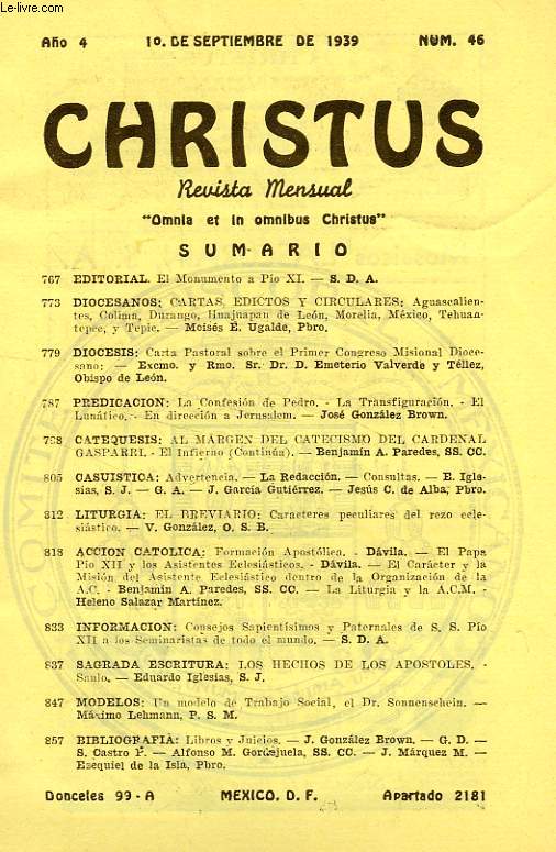 CHRISTUS, AO 4, N 46, SEPT. 1939, REVISTA MENSUAL, 'OMNIA ET IN OMNIBUS CHRISTUS'