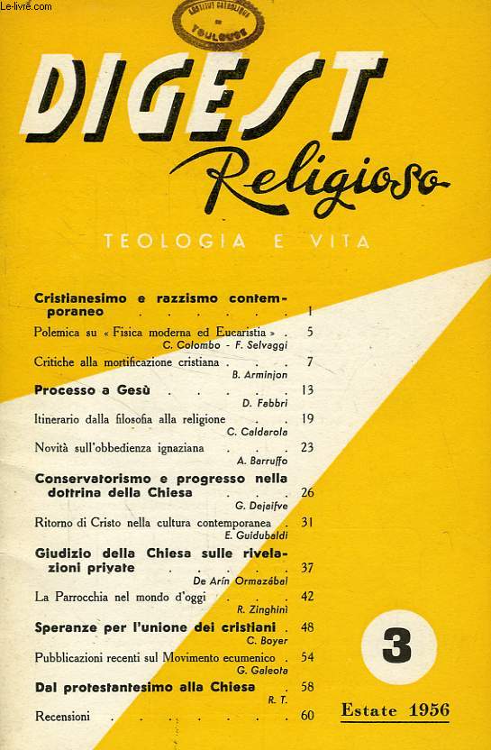 DIGEST RELIGIOSO, TEOLOGIA E VITA, N 3, ESTATE 1956