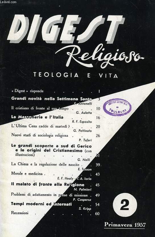 DIGEST RELIGIOSO, TEOLOGIA E VITA, N 2, PRIMAVERA 1957