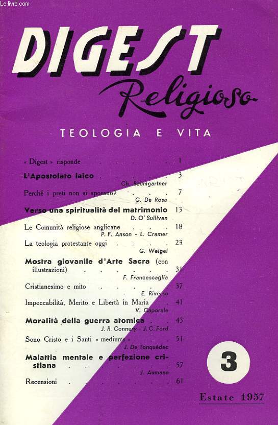 DIGEST RELIGIOSO, TEOLOGIA E VITA, N 3, ESTATE 1957