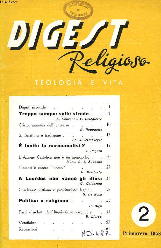 DIGEST RELIGIOSO, TEOLOGIA E VITA, N 2, PRIMAVERA 1958