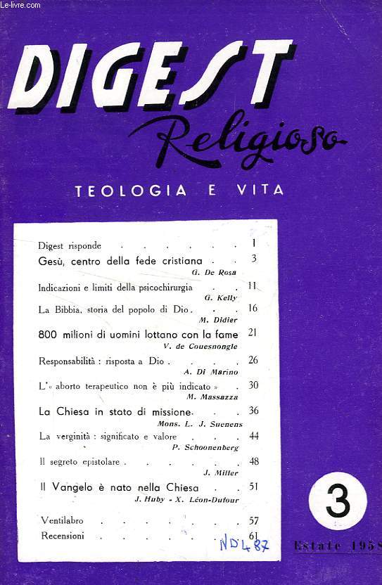DIGEST RELIGIOSO, TEOLOGIA E VITA, N 3, ESTATE 1958