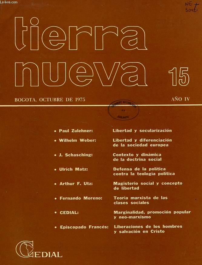 TIERRA NUEVA, AO IV, N 15, OCT. 1975, ESTUDIOS SOCIO-TEOLOGICOS EN AMERICA LATINA