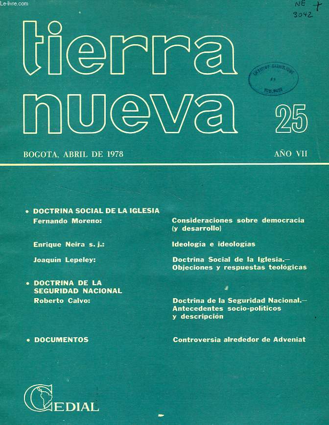 TIERRA NUEVA, AO VII, N 25, ABRIL 1978, ESTUDIOS SOCIO-TEOLOGICOS EN AMERICA LATINA