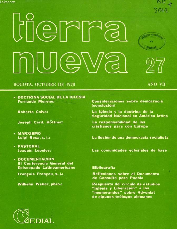 TIERRA NUEVA, AO VII, N 27, OCT. 1978, ESTUDIOS SOCIO-TEOLOGICOS EN AMERICA LATINA