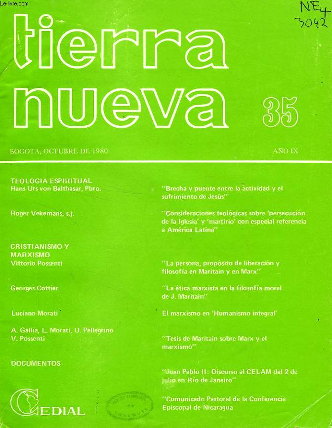 TIERRA NUEVA, AO IX, N 35, OCT. 1980, ESTUDIOS SOCIO-TEOLOGICOS EN AMERICA LATINA